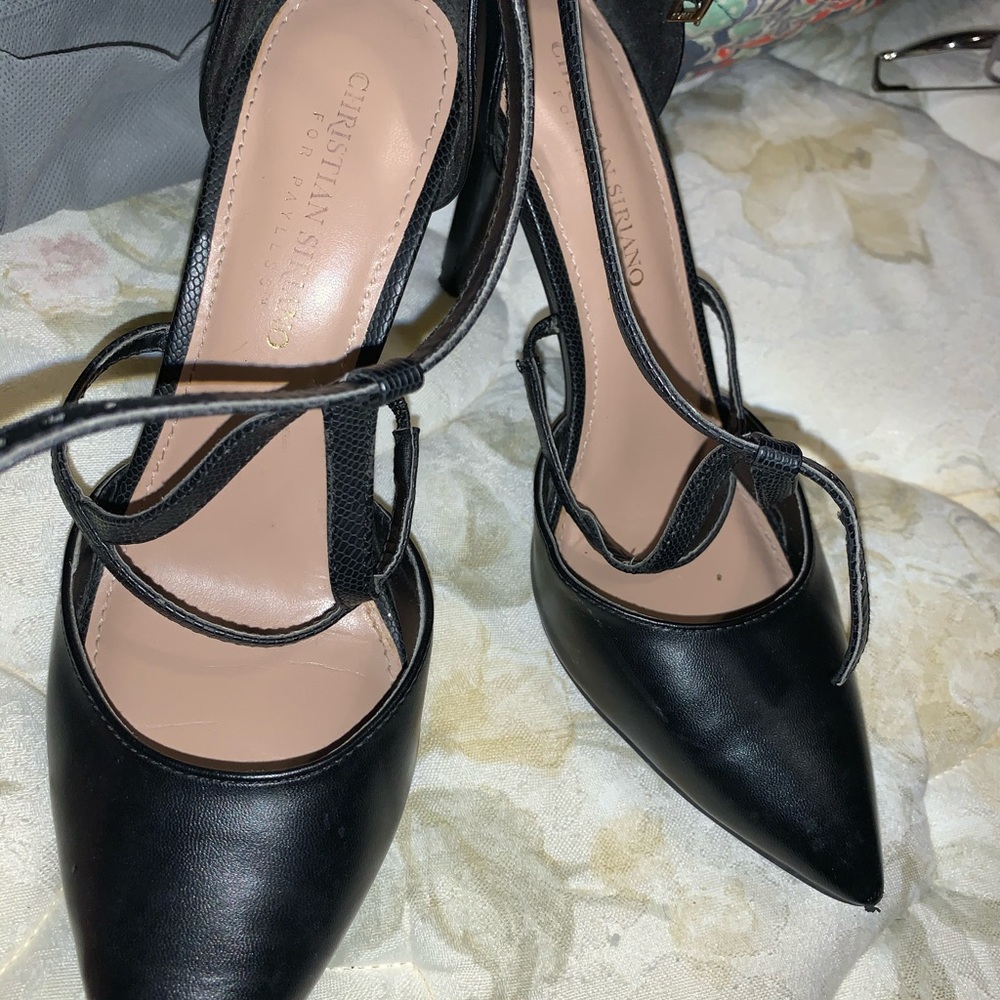 strappy black pointed toe heels